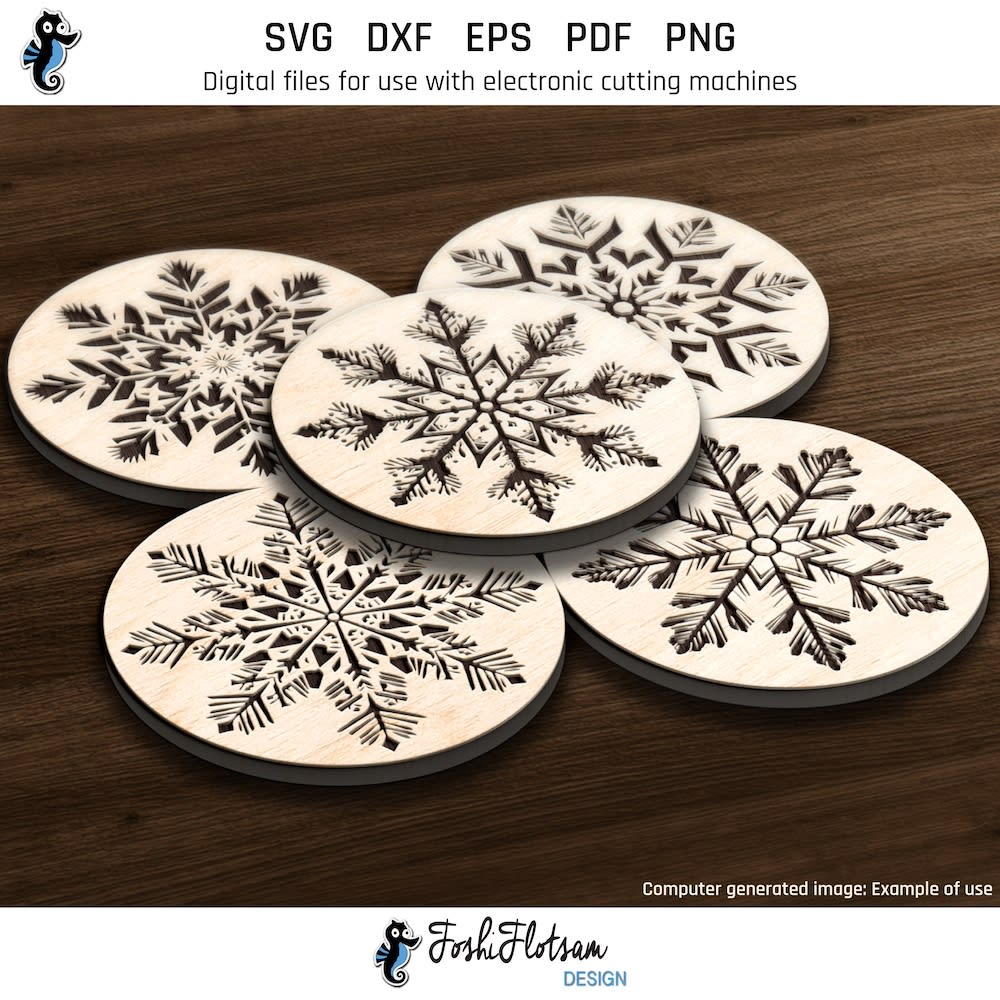 Coaster SVG - Christmas snowflake SVG coaster set An example of 5 laser-engraved snowflake coasters included in this coaster SVG bundle.